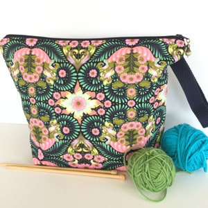 Designer knitting bag, crochet project bag, large or medium zipper pouch, suede wrist strap bag for cross stitch or embroidery supplies.