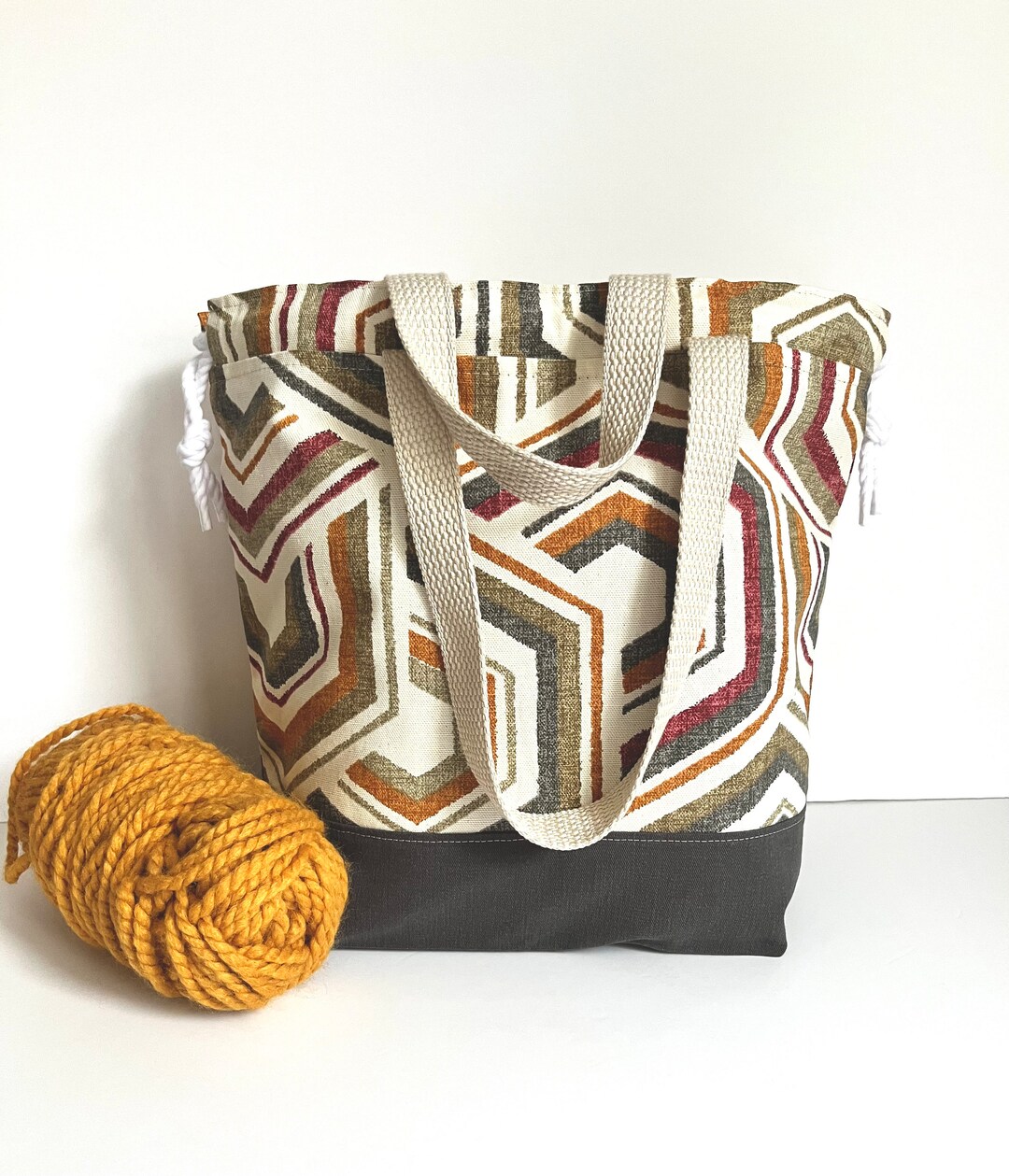 Canvas Drawstring Knitting Bag, Large Crochet Project Bag With Handles, Inside Pockets Gift for