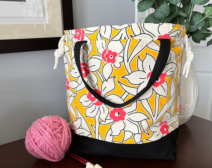 Daffodil knitting bags, Medium or Large, crochet project bag, drawstring closure, inside pockets gift for knitter or mom, tote bag