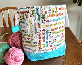 Small drawstring knitting bag, Crochet bag for projects on the go, Gift for knitter, Socks knitting bag, Turquoise polka dots
