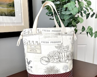 Farm Fresh project bag, Large knitting or crochet bag with double handles, drawstring. Canvas bag with country  kitchen theme, market bag