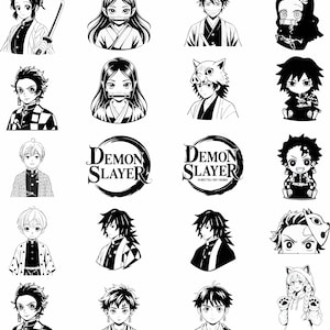 May include: Black and white illustrations of characters from the anime series Demon Slayer. The image includes various character portraits, logos, and chibi-style figures. The artwork is detailed and features distinct facial expressions and attire.