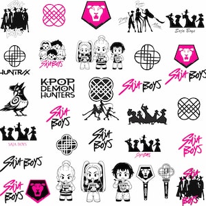 Paquete de más de 30 SVG y PNG de Kpop Demon Hunter: archivos de corte de grupos de ídolos inspirados en Saja Boy Huntrix, diseños de gatos y pájaros para Cricut Silhouette