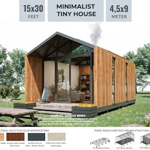 Puede incluir: Una casa pequeña minimalista de 4,5x9 metros. Presenta revestimiento de madera natural, grandes ventanas de vidrio y un techo oscuro. La imagen incluye texto sobre el diseño y la paleta de materiales.