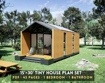 Modern 15x30 ft Tiny House Cabin Plan – 1 Bedroom, 1 Bath PDF, Customizable, Instant Download