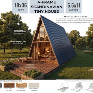 Puede incluir: Una pequeña casa escandinava en forma de A con un techo de panel compuesto trapezoidal azul oscuro. La casa mide 5,5x11 metros y cuenta con una terraza de madera y una sala de estar de planta abierta. El diseño enfatiza la vida sostenible y modular fuera de la red.