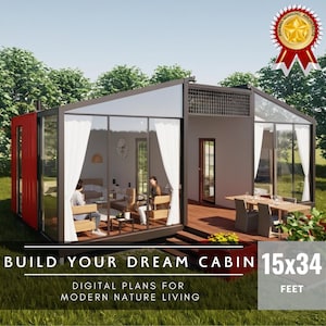 15x34 ft Tiny House Plans – Cabin Design | Modern Digital Blueprint for Off-Grid, DIY, Minimalist & Small Living - Minima Modulor