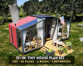 15x34 ft 2 Bedroom 1 Bathroom | Modern Cabin Design, DIY Blueprint (Digital Download)  PDF