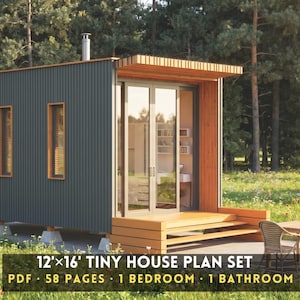 May include: A modern tiny house with a dark gray exterior, wooden accents, and large glass doors. The house is set in a grassy area with trees in the background. The text on the image reads "12'x16' TINY HOUSE PLAN SET".