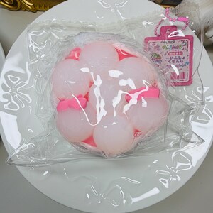 May include: A clear plastic package containing several small, pink, round objects with pink tops. The package is on a white plate with a decorative pattern. A pink tag with Japanese text hangs from the package.