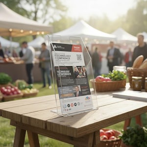 Peut inclure: Un présentoir en acrylique transparent contenant un flyer pour une conférence technologique. Le flyer présente un design noir, blanc et rouge avec le texte "TECHNOLOGY CONFERENCE". Le présentoir est posé sur une table en bois à l'extérieur, avec des personnes et des tentes en arrière-plan.