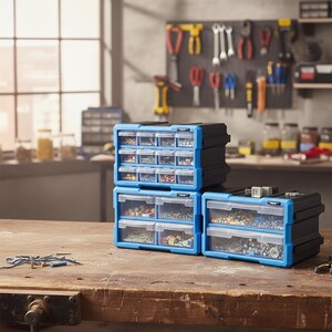 Könnte beinhalten: Ein Stapel aus schwarzen und blauen Kunststoff-Aufbewahrungsboxen mit transparenten Schubladen, die verschiedene kleine Hardware-Komponenten enthalten. Die Boxen verfügen über mehrere Fächer, mit einer oberen Einheit mit zwölf kleinen und zwei unteren Einheiten mit je zwei großen Schubladen.