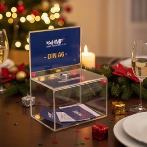 Könnte beinhalten: Eine transparente Spendenbox aus Acryl mit einem blauen Schild mit der Aufschrift "HMF" und "- DIN A6 -". Die Box steht auf einem Tisch mit Weihnachtsdekorationen, darunter eine brennende Kerze, Ornamente und ein Weihnachtsbaum im Hintergrund.