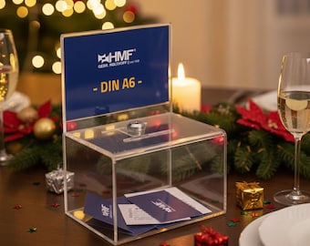 HMF 46912 Acryl Spendenbox abschließbar, 15,5 x 11 x 11 cm, DIN A6 Blatteinschub, Transparent