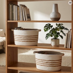 May include: Two oval storage baskets made of white cotton rope with horizontal brown jute stripes and integrated handles. The baskets are placed on wooden shelves alongside a grey and brown ceramic vase, a potted monstera plant, and books.