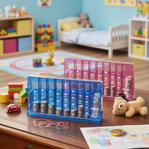 May include: Two clear plastic coin organizers, one blue and one pink, filled with coins and bills. The organizers have labeled compartments for different denominations. A teddy bear and a toy car are nearby.