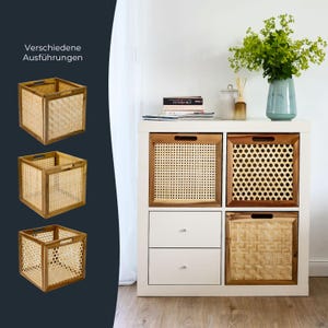 Cestino portaoggetti adatto per scaffali Kallax, cestino in rattan con intreccio viennese e legno di acacia 32 x 34 x 32 cm