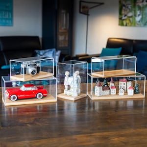 Puede incluir: Expositores de acrílico transparente que exhiben varios objetos de colección. Un coche de juguete rojo, una cámara vintage, una figura de porcelana y edificios en miniatura se exhiben sobre bases de madera.