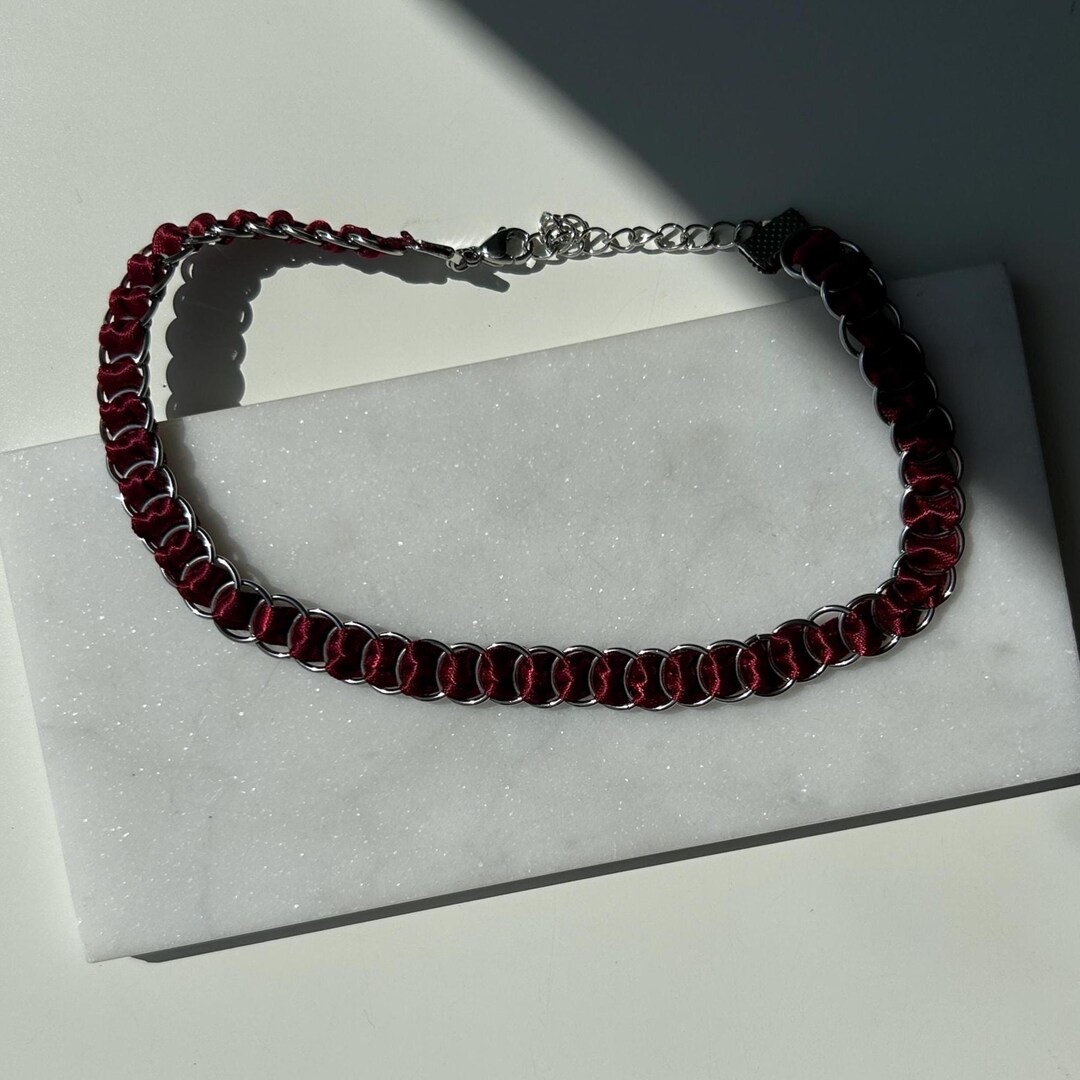 Red Ribbon Stainless Steel Chainmail Choker | Chainmaille | Gothic ...