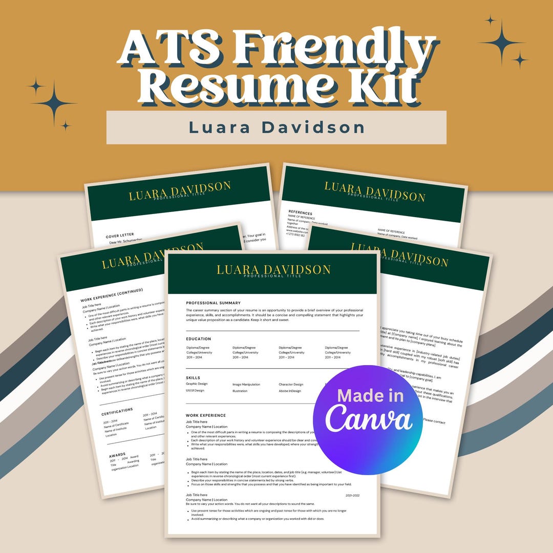 ATS Resume Template Canva, Modern Green CV Kit (digital Download - Etsy