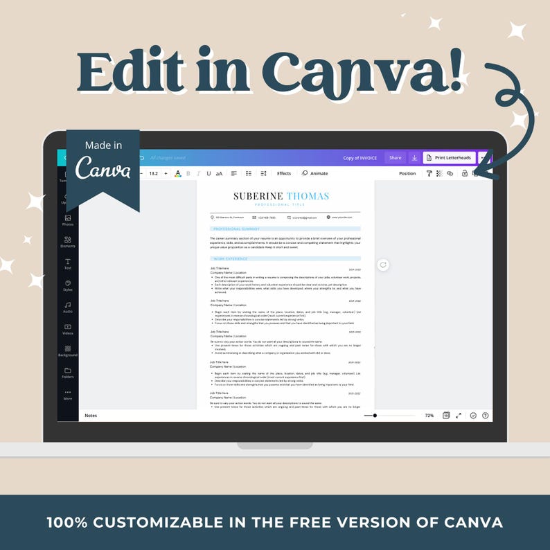 ATS Friendly Resume Template Canva | Instant Download Printable CV ...