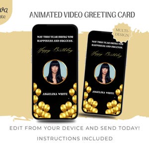Tarjeta electrónica de felicitación de cumpleaños moderna en negro y dorado, mensaje de video digital minimalista para cumpleaños, plantilla autoeditable, descarga instantánea.
