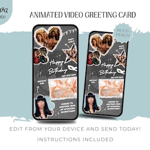 Tarjeta electrónica de felicitación de cumpleaños con diseño de álbum de recortes moderno, mensaje de video digital minimalista para cumpleaños, plantilla DIY autoeditable, descarga instantánea