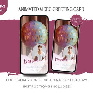 Tarjeta de felicitación de cumpleaños en vídeo digital moderna, mensaje minimalista en vídeo para cumpleaños, plantilla autoeditable, descarga instantánea.