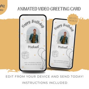 Tarjeta electrónica minimalista de felicitación de cumpleaños en gris, mensaje de video digital moderno para cumpleaños, plantilla autoeditable, descarga instantánea