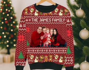 Gepersonaliseerde familie kersttrui met foto, lelijke kersttrui, bijpassende aangepaste foto vakantietrui, kerst ronde hals, kerstcadeau