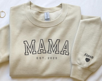 Custom Embroidered Mama Sweatshirt, Personalized Est Mama Sweater, Momma Crewneck, Mom Hoodie with Kids Names on Sleeve, Mother's Day Gift