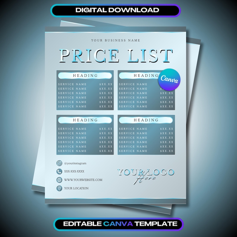 Price Pack Layout Blue Price List Template, Editable Canva Service Menu, Aqua Teal Beauty ...