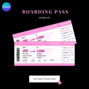 Modèle rose modifiable sur toile de carte d'embarquement, billet d'avion imprimable, carte d'embarquement pour voyage surprise, modèle numérique de carte d'embarquement personnalisée