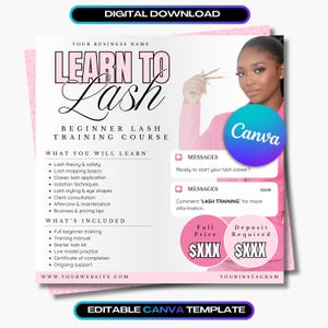 Op de afbeelding: Roze en witte Canva-sjabloon voor een beginnerscursus wimpertraining. Het ontwerp bevat de tekst "Learn to Lash" en geeft onderwerpen weer zoals wimpertheorie, applicatie en styling. Een vrouw is afgebeeld aan de rechterkant van de sjabloon.