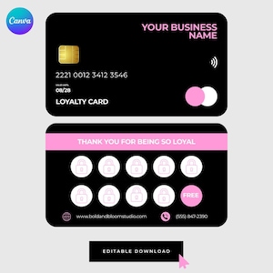 Canva-sjabloon voor creditcards (afgeronde hoeken) | Roze en zwart | Voor- en achterkant | Bewerkbaar | 3,5 x 2 inch