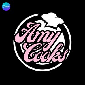 以下が含まれることがあります： 黒い背景に、ピンクのスクリプトで「Amy Cooks」というテキストが入った円形のロゴがあります。白いコック帽がテキストの上にあり、テキストは黒い縁取りのある白いリングで囲まれています。 Canvaのロゴは左上にあります。