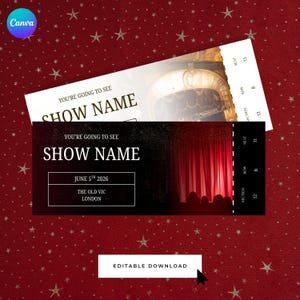 May include: Two theater tickets with the text "SHOW NAME" and "YOU'RE GOING TO SEE". One ticket shows the date "JUNE 5TH 2026" and "THE OLD VIC LONDON". The background is a red fabric with white stars.