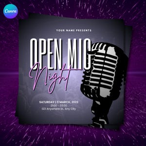 Op de afbeelding: Een promotieposter voor een Open Mic Night evenement. Het ontwerp toont een grote microfoongrafiek in zwart en wit, met de woorden "OPEN MIC Night" in witte en roze letters. Evenementdetails worden weergegeven.