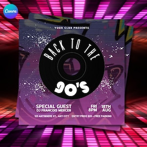Editable Back To The 90&#39;s Party Flyer Template | Canva 90&#39;s Theme Party Invitation | Retro 90&#39;s Invite | DIY Printable Party Flyer