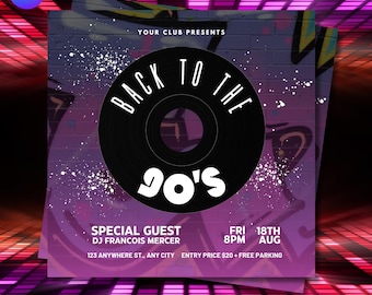 90s Party Flyer Template: Retro Theme, Editable Canva Invitation (Digital Download)