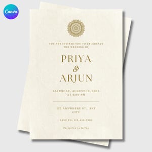 Modelo Elegante de Convite de Casamento Indiano | Cartão Shaadi Hindu Moderno em Creme e Dourado | Convite Editável do Canva – Download Digital