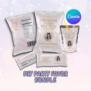 以下が含まれることがあります： ピンクと白のパッケージが特徴のDIYパーティー記念品バンドル。「Princess Mia's Magical Chips」、「Princess Mia's Magical Drink」、「Princess Mia's Magical Chocolate」の文字と女の子の写真、「Happy Birthday」の文字が含まれています。