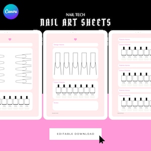 Puede incluir: Hojas de arte de uñas imprimibles con fondo rosa. Las hojas tienen secciones para diseños de uñas, paletas de colores y notas. El texto "NAIL TECH NAIL ART SHEETS" está en la parte superior de la página. El texto "EDITABLE DOWNLOAD" está en la parte inferior de la página.