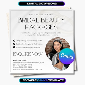 Może przedstawiać: Cyfrowy szablon do pobrania dla pakietów urody ślubnej. Projekt zawiera tekst „BRIDAL BEAUTY PACKAGES” i „ENQUIRE NOW”. Zawiera zdjęcie kobiety z makijażem i logo Canva. Szablon jest edytowalny.