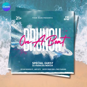 Pode incluir: Um folheto azul-turquesa com o texto "Brunch On A Boat" em branco e rosa. O folheto também inclui o texto "Your Club Presents", "21+", "Fri 8PM" e "Special Guest DJ Francois Mercer". Um barco é retratado.