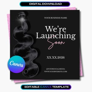 Haaranbieter startet bald Flyer: Beauty Business Ankündigung, Canva Vorlage (digitaler Download)
