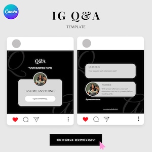 May include: Instagram Q&A template in black and white, featuring the text "IG Q&A TEMPLATE". It includes a question and answer section, with space for a business name and username. The template is for lash extensions.
