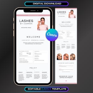 May include: A digital download Canva template for a lash artist booking site. The layout features the text Lashes by Carmen, business hours, contact details, location, and policies. It includes a photo of a person and a reserve appointment button.