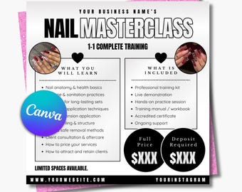 Modello di volantino per corso di bellezza Nail Masterclass / Canva modificabile, annuncio del corso di bellezza (1080x1080px)