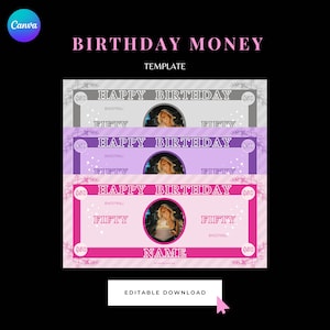 50 Dollar Bill Happy Birthday Template| Pink | Purple | Grey | Add Your Own Text & Picture on Money, Editable Printable | Canva Template